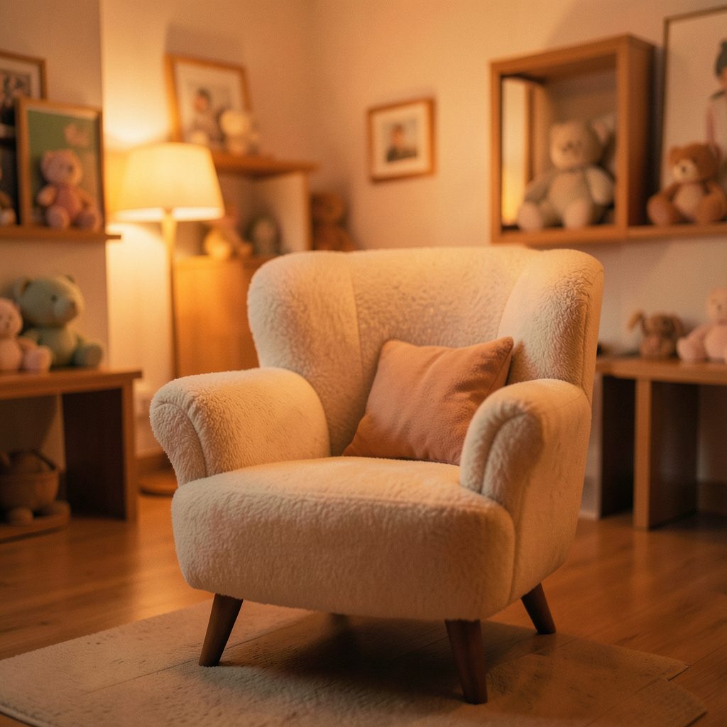 A plush, oversized armchair in warm cream upholstery sits invitingly in a sunlit corner, with soft beige walls and a gentle glow casting a calm, cozy mood.