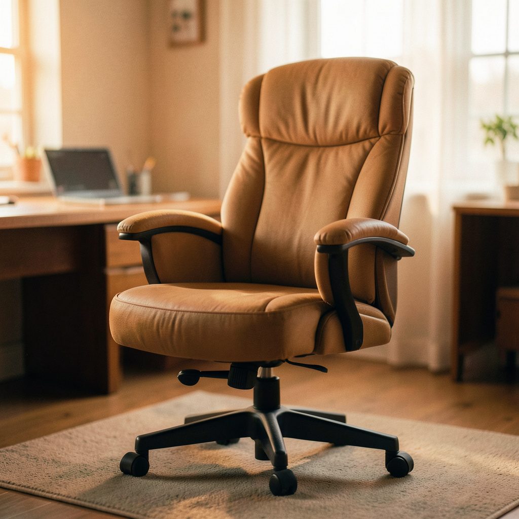 A sleek home office with a comfortable ergonomic desk chair in soft grey, a wooden desk, and warm ambient lighting creating a productive yet cozy atmosphere.