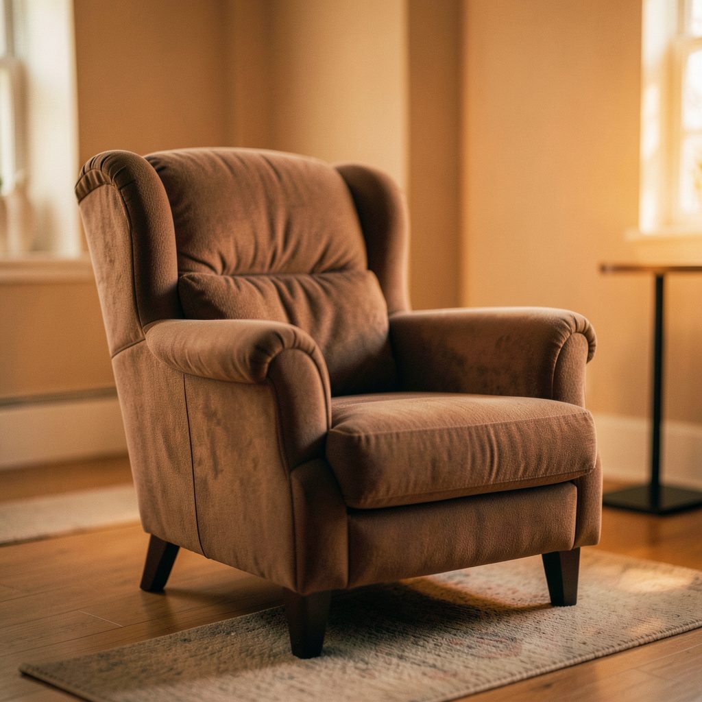 A modern living room with a plush comfortable chair in soft oatmeal fabric, paired with a warm throw blanket, set against a backdrop of neutral walls and gentle natural light.