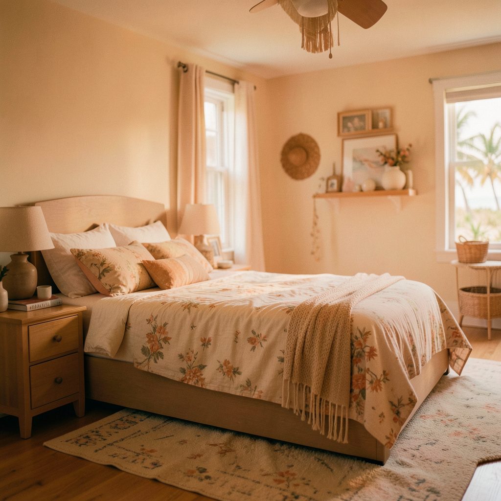 A serene beach-themed bedroom with soft sandy tones, pale blue accents, and flowing white curtains catching a gentle ocean breeze.